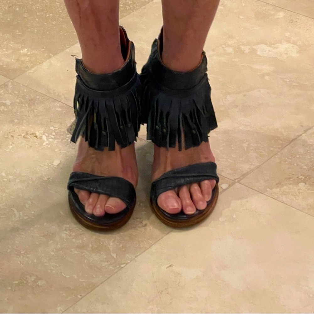 A.S. 98 leather sandals with fringe. Dark blue. Worn once.